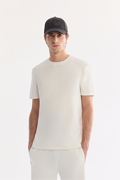 Avva Men's Ecru Crew Neck Printed Viscose Blended Bi-Stretch Interlock Regula...