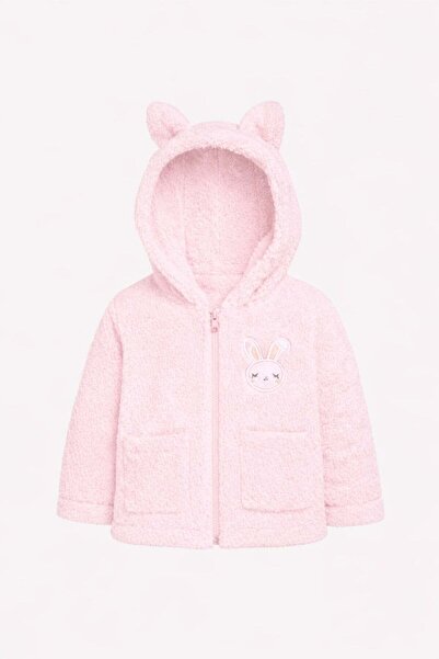 Bubito Kız Bebek Tavşan Nakışlı Fermuarlı Cepli Peluş Welsoft Kışlık Hırka - Pembe