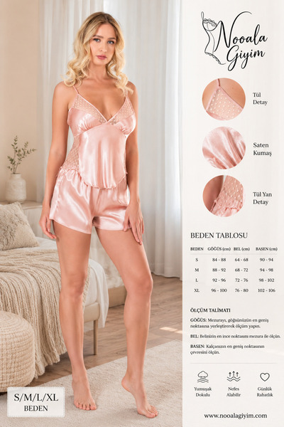 NOOALA GİYİM Women's Powder Pink V-Neck Polka Dot Tulle Detailed Satin Shorts...