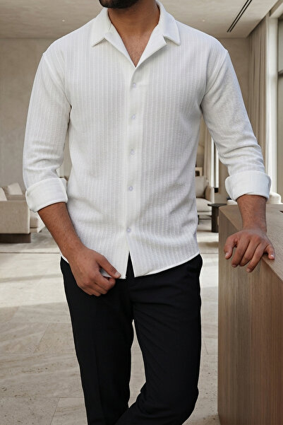 DNM PULGAR Men's Knitted Textured Regular Fit Casual Shirt – White