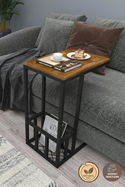 WOODFACE Masif Ahşap C Yan Sehpa 45x30 Doğal Ahşap Metal Ayaklı Alt Bölümlü C...