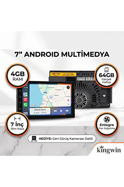 Kingwin 7 inç 4 GB RAM 64 GB HAFIZA Multimedya Double Din 2 Din Android CarPl...