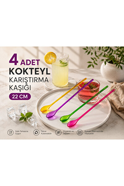 Milat Store 4 Lü Kokteyl Kaşığı Akrilik-22 cm Kokteyl Meyve Suyu Karıştırma K...