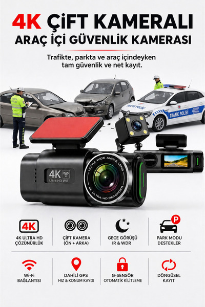 ArmoniaVital 4K Ultra HD Araç Kamerası Çift Lens Ön Arka Wi-Fi GPS Park Modu ...