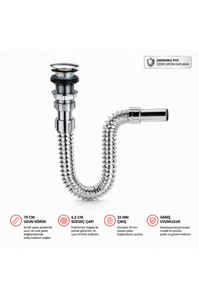 Genel Markalar Krom Basmalı Pop-Up Lavabo Sifonu, Su Tasarruflu, Modern Banyo...