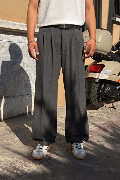Flaw Wear بنطلون من قماش مطوي مزدوج بلون أنثراسايت