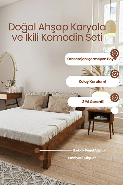 RENAZZO Damla Model Ceviz Renk Ahşap Karyola Ve İki komodin Set