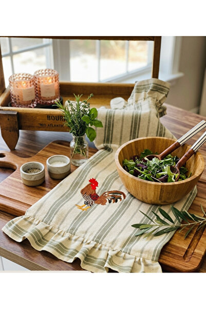HOME OF BLOSSOM منشفة مطبخ مطرزة من الكتان بخطوط خضراء مقاس 40*60 سم