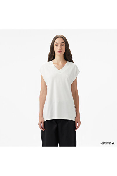 Lacoste Kadın Slim Fit Kolsuz V Yaka Krem Bluz
