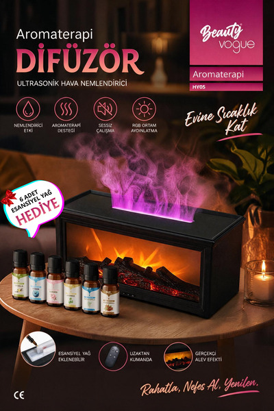 Beauty Vogue Şömine Aromaterapi Makinesi Difüzör Simülasyon Koku Makinesi Ark...