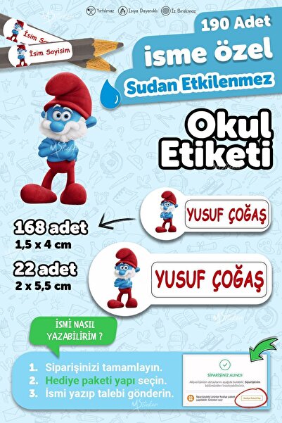 MSticker Okul Etiketi Kalem Defter Etiketi Özel Isim Yazılabilen Etiket Şirin...
