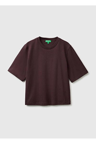 United Colors of Benetton قميص تي شيرت بني 100% قطن بقصة مربعة للنساء