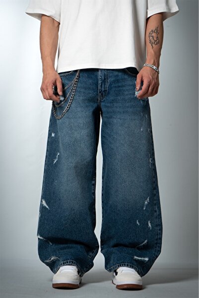 GRJ denim Faded Ripped Super Baggy Men's Jean Pants with Ripped Detail