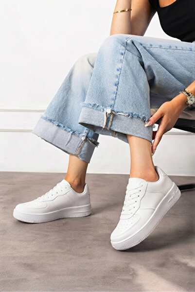 Nstil Kadın Beyaz Sneaker Kalın Tabanlı Bağcıklı Hafif Nefes Alan Günlük Yürüyüş Spor Ayakkabı 1004