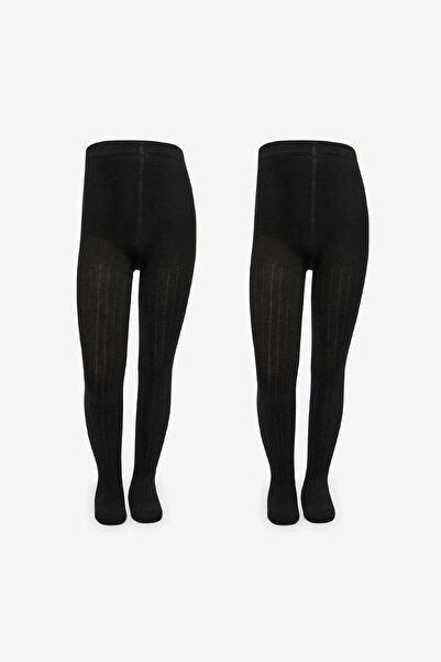 Penti Girl's Pretty Rib 2-Piece Black Pantyhose