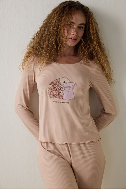Penti Bej Dreaming Leopar Desenli Bisiklet Yaka Uzun Kollu Pijama Üstü