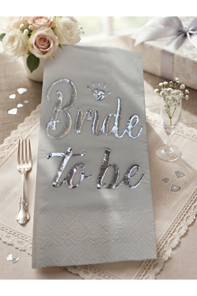 Deniz Party Store BRİDE TO BE GÜMÜŞ  VARAKLI BEYAZ PEÇETE 33X33 CM 16 ADET