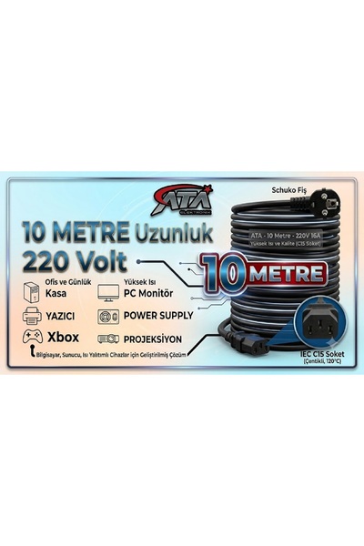 ATAELEKTRONİK 10 Metre 10mt Power Kablo Güç Elektrik Kablosu C7 Pc Tv Projeks...