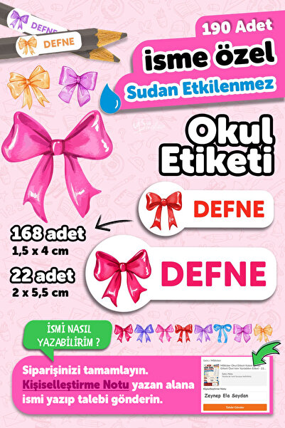 MSticker Okul Etiketi Kalem Defter isimli Etiket Isim Yazılabilen Fiyonklu Se...