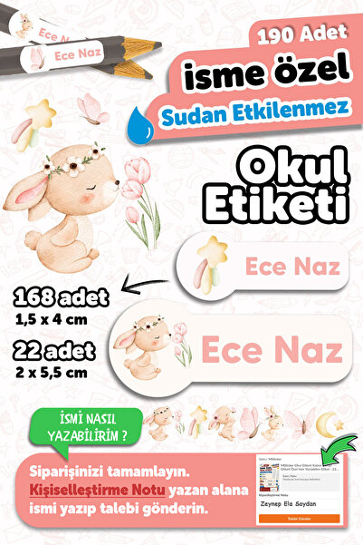 MSticker 190 Adet Kişiye Özel Okul Etiketi İsimli Kalem Defter Suluk Etiket S...