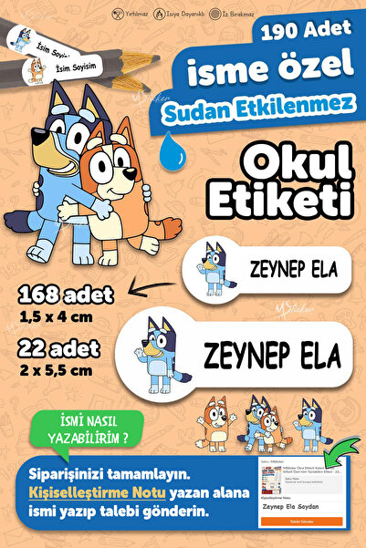 MSticker Okul Etiketi Kalem Defter isimli Etiket Isim Yazılabilen Bluey Temal...