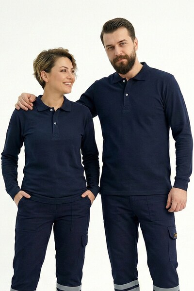 ÇİZGİ MEDİKAL Navy Blue Polo Collar Long Sleeve Work Sweatshirt Combed Cotton...