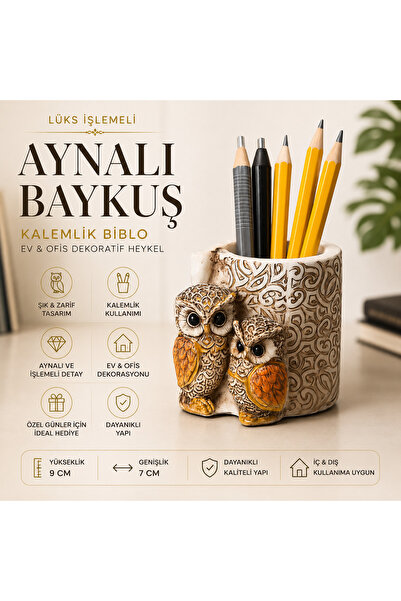 e-life shop Lüks İşlemeli Aynalı Baykuş Kalemlik Biblo Dekoratif Heykel Ev Of...