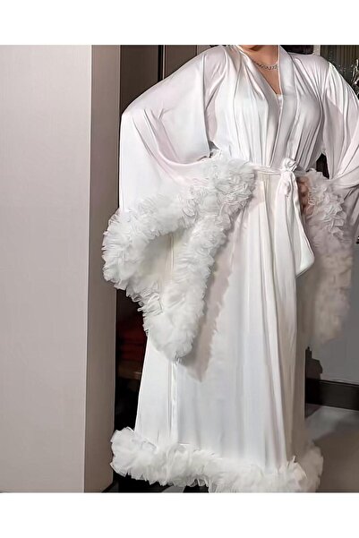 GENERAL Luxury Satin Bridal Robe Women's Long Wedding Robe with Fluffy Feathe...