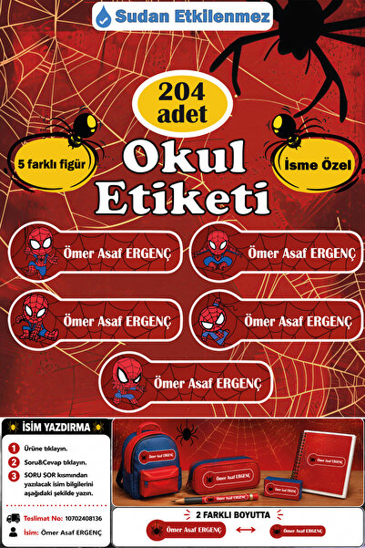 GSticker İsme Özel Okul Etiketi Kalem Defter Etiketi Sticker Minik Örümcek Fi...