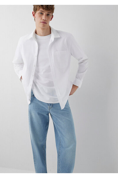 Mavi Cepli Beyaz Gömlek Loose Fit / Bol Rahat Kesim 0212126-620