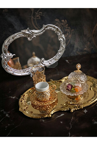 Elzemm store Çelik Gold Ve Gümüş Işlemeli Dantel Desen Artnova Servis Tepsisi...