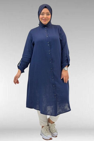 Eslina 58092 Plus Size Double Button Detailed Muslin Shirt - Navy Blue