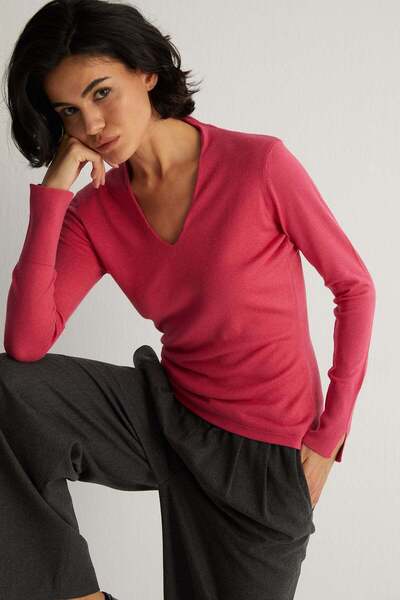 Silk and Cashmere Fuşya Zoe İpek Kaşmir Derin V Yaka Triko
