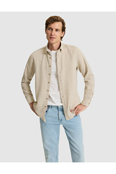 Pierre Cardin Beige Slim Fit Textured Long Sleeve Shirt 50316768-Vr011