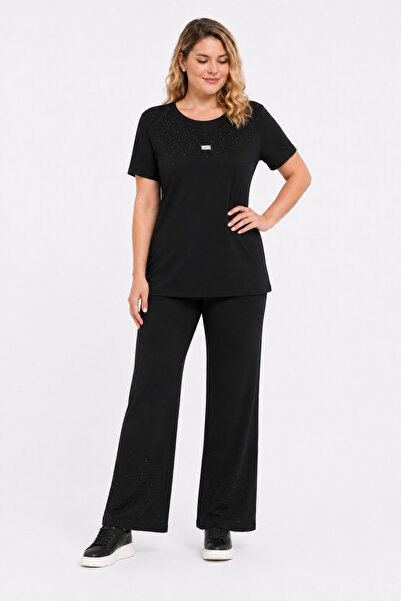 Şans Women's Plus Size Black, Stone Detailed Blouse, Stone Detailed Leg, Elas...
