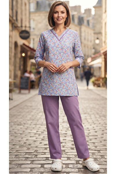 ABSHIR Housemaid/Nanny/Babysitter/Set with Print Top and Trousers, V-Neck 3/4...