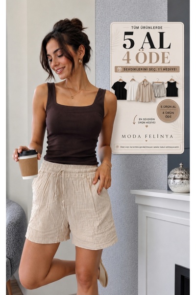 moda felinya Women's Pocketed Elastic Waist Latte Color Muslin Shorts