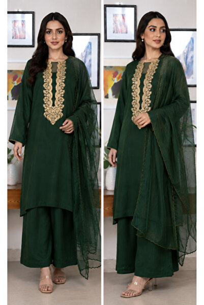 6TEEN 3 Pc Raw Silk Green Embroidered Suit