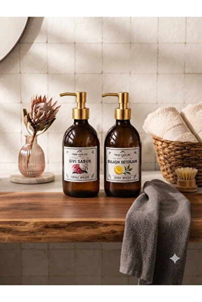 Trend Home Life Amber Bambu Ahşap Stantlı Gold Kapaklı 500 ml Sıvı Sabun Bulaşık Deterjanı Cam Şişe