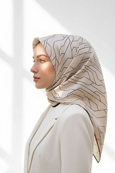 Vissona % 57 İPEK % 43 VİSKON Twill İpek Geometrik Desenli Gold - Krem Renkli...