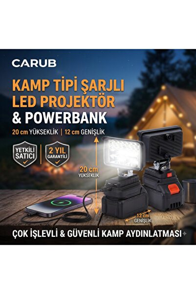 Carub Kamp Tipi Şarjlı ve Taşınabilir + Powerbank Led Projektör Aydınlatma + ...