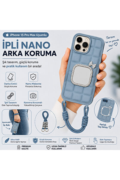 Nettech iPhone 15 Pro Max Uyumlu Taş Detaylı Askılı Kılıf – Şık Premium Silik...