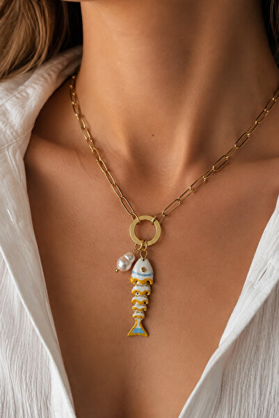 Modex Steel Pearl Detail Yellow Enamel Fish Bone Necklace (46cm)