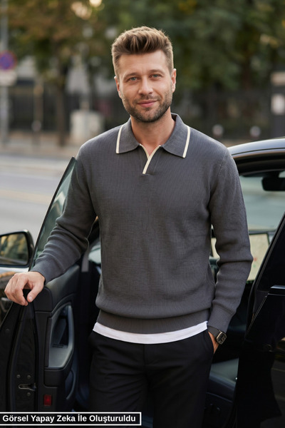 Kamalı Pulover tricotat oversize pentru bărbați, cu guler polo, model Selanik