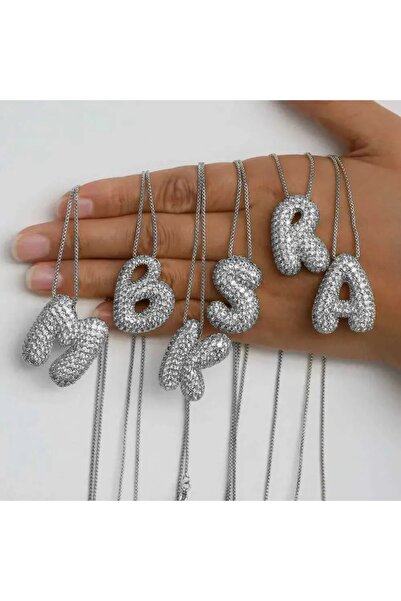 Haziran Accessory, Zircon Stone, Italian Chain Balloon Letter Silver Steel Ne...