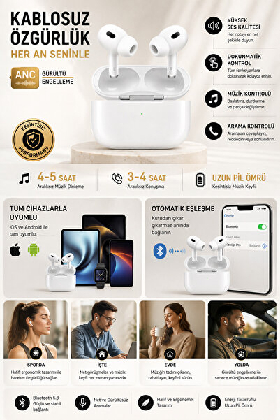 kawigo Air Pro 2 ANC Destekli Bluetooth Kulaklık Tüm Cihazlarla Uyumlu Bluetooth Kulaklık ANC Bluetooth Kulaklık