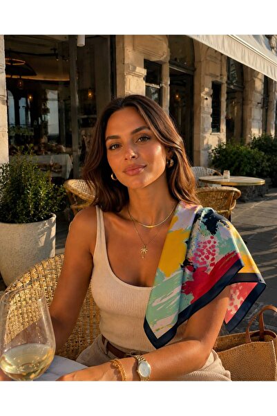 Axesoire 13750 Lacivert Kenarlıklı Renkli Saten Bandana Fular 50x50 cm
