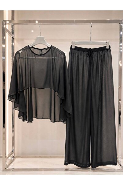 Hazzai TAKIM001 Siyah Şifon Kumaş Bluz Pantolon İkili Takım M-L Beden