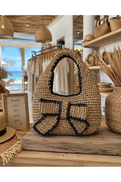 Axesoire Nwc-1086 Camel Bow Detailed Hand Knitted Straw Bag