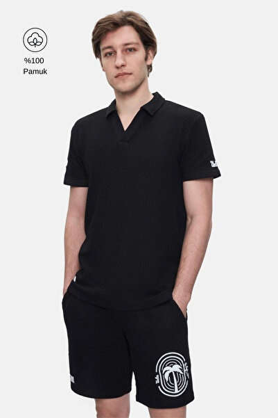 UCLA Russel Black Polo Collar Printed 100% Cotton Standard Fit Men's Tshirt